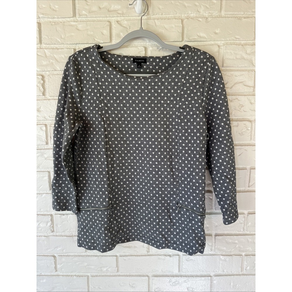 Talbots Women's Size Medium Polka Dot Knit Shimmer Gray 3/4 Sleeve‎ Top